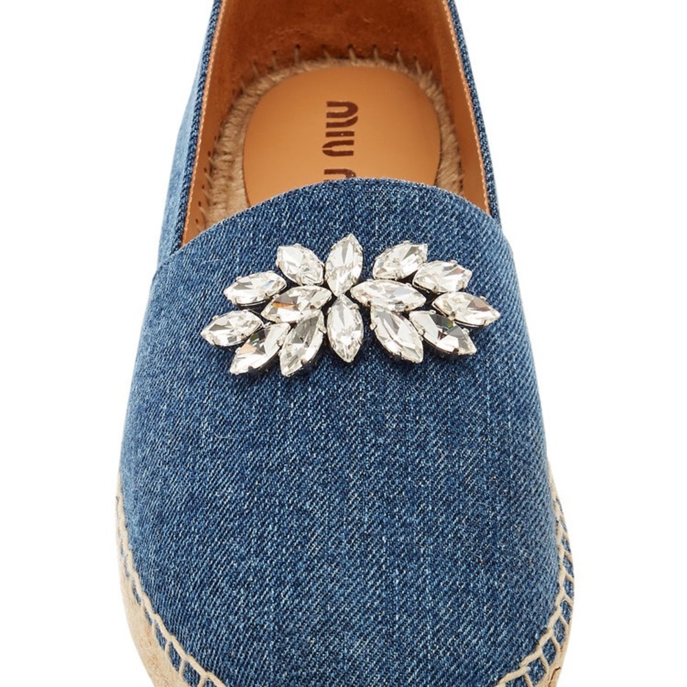 NWT Miu Miu Blue Denim Crystal Embellished Espadrilles